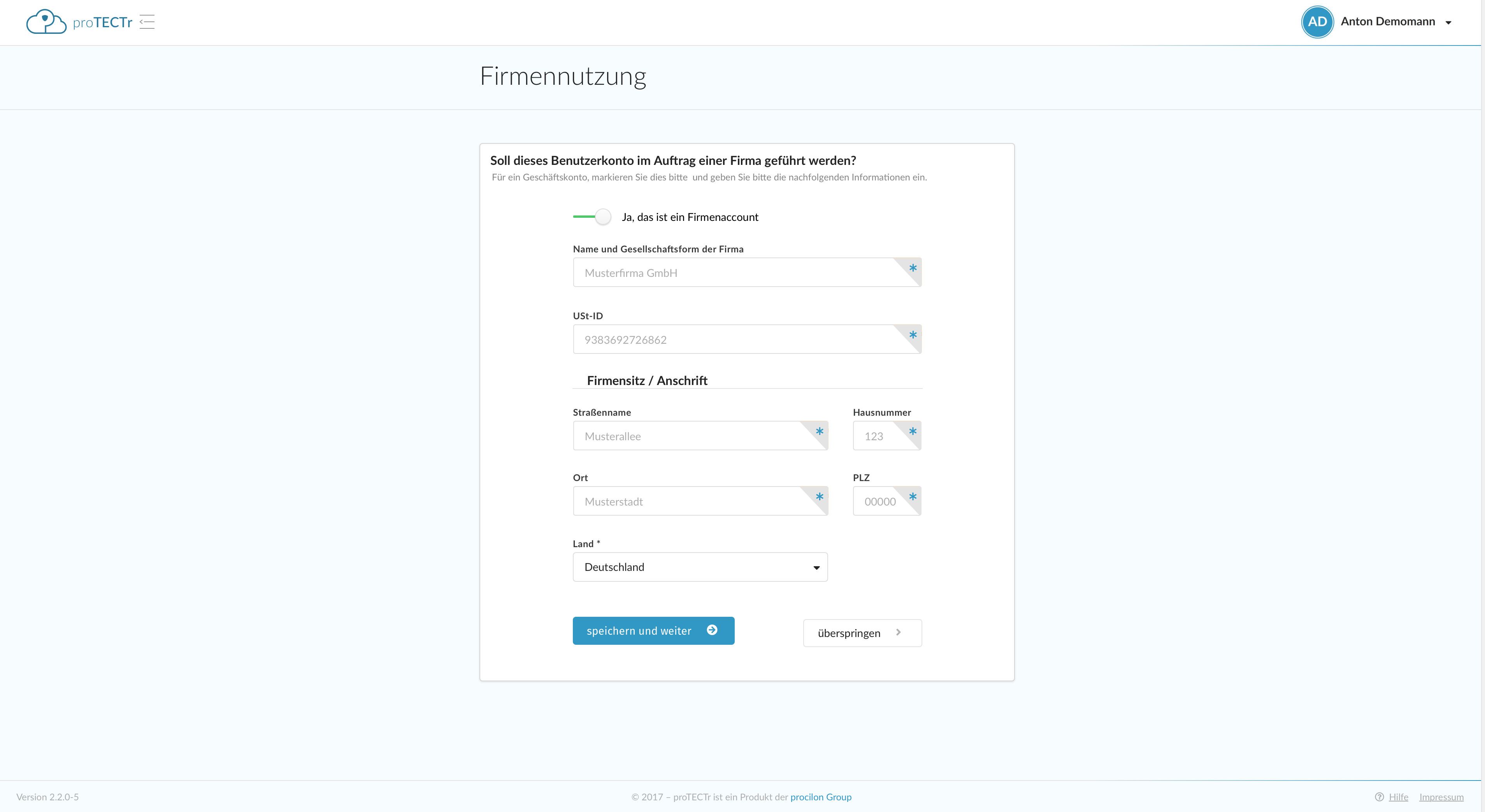 protectr screenshot onboarding business konto